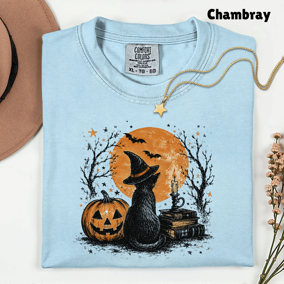 Halloween Black Cat Witch T-Shirt, Full Moon Pumpkin Spooky Vintage Books Magic Tee