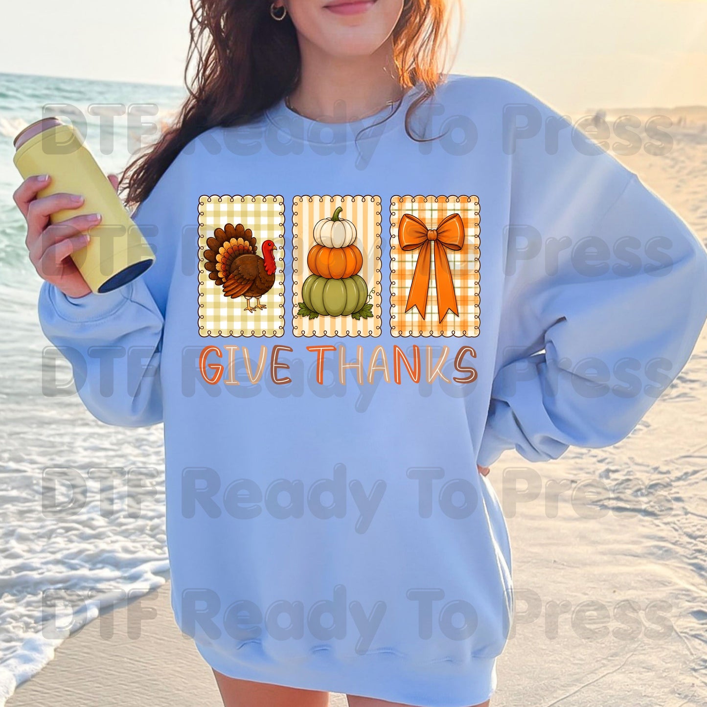 Thanksgiving DTF Transfer Ready to Press Give Thanks Turkey Stacked Pumpkins Coquette Bow Heat Transfer Shirts Autumn Clothing