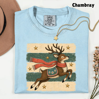 Vintage Christmas Reindeer T-Shirt, Flying Reindeer Scarf Retro Winter Comfort Color Tee