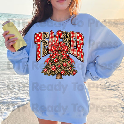 Christmas Teacher Tree DTF Transfers, School Leopard Plaid Red Bow Holiday Ready to Press