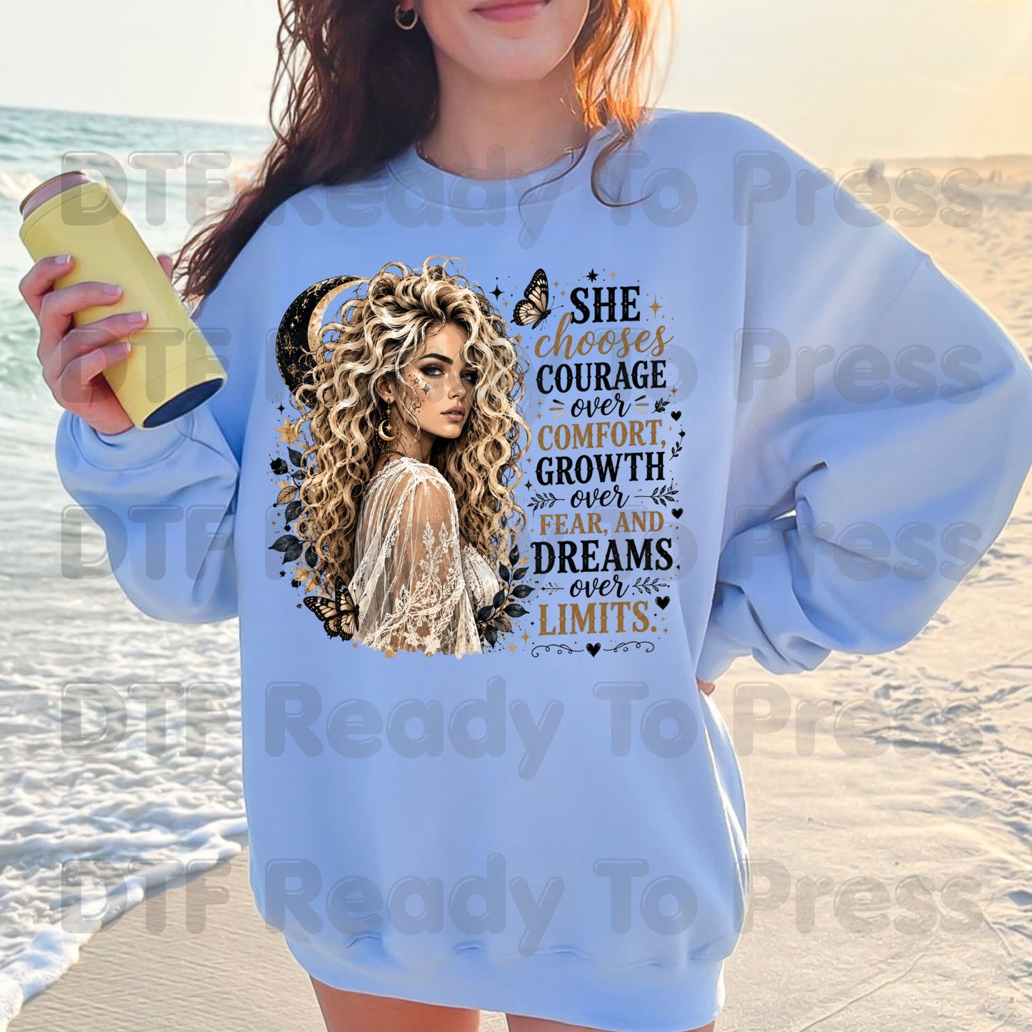 She Chooses Courage DTF Transfers, Blonde Woman Crescent Moon Butterfly Inspirational Ready to Press