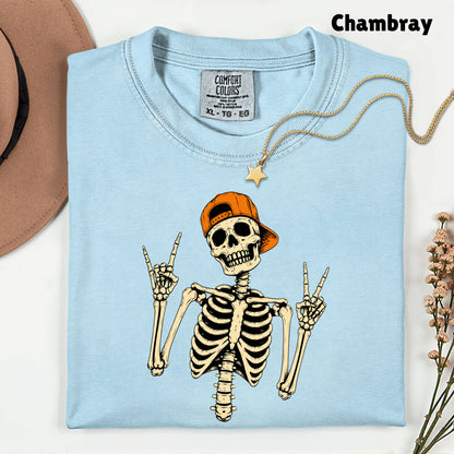 Cool Skeleton Rock On T-Shirt, Peace Sign Halloween Orange Hat Spooky Tee