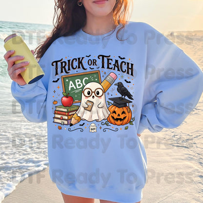 Halloween Trick or Teach DTF Transfers, Cute Ghost Teacher Chalkboard Pumpkin Pencil Spooky Fall School Ready to Press