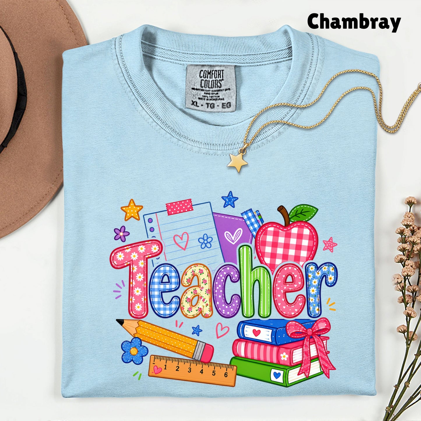 Teacher Apple Books Pencil T-Shirt, Colorful School Supplies Back to School Comfort Color Tee