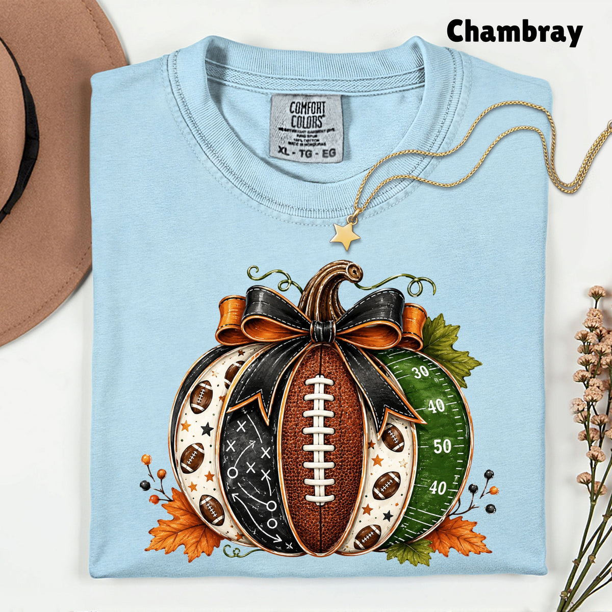 Football Pumpkin Bow Fall T-Shirt, Game Day Football Field Patchwork Autumn Tee