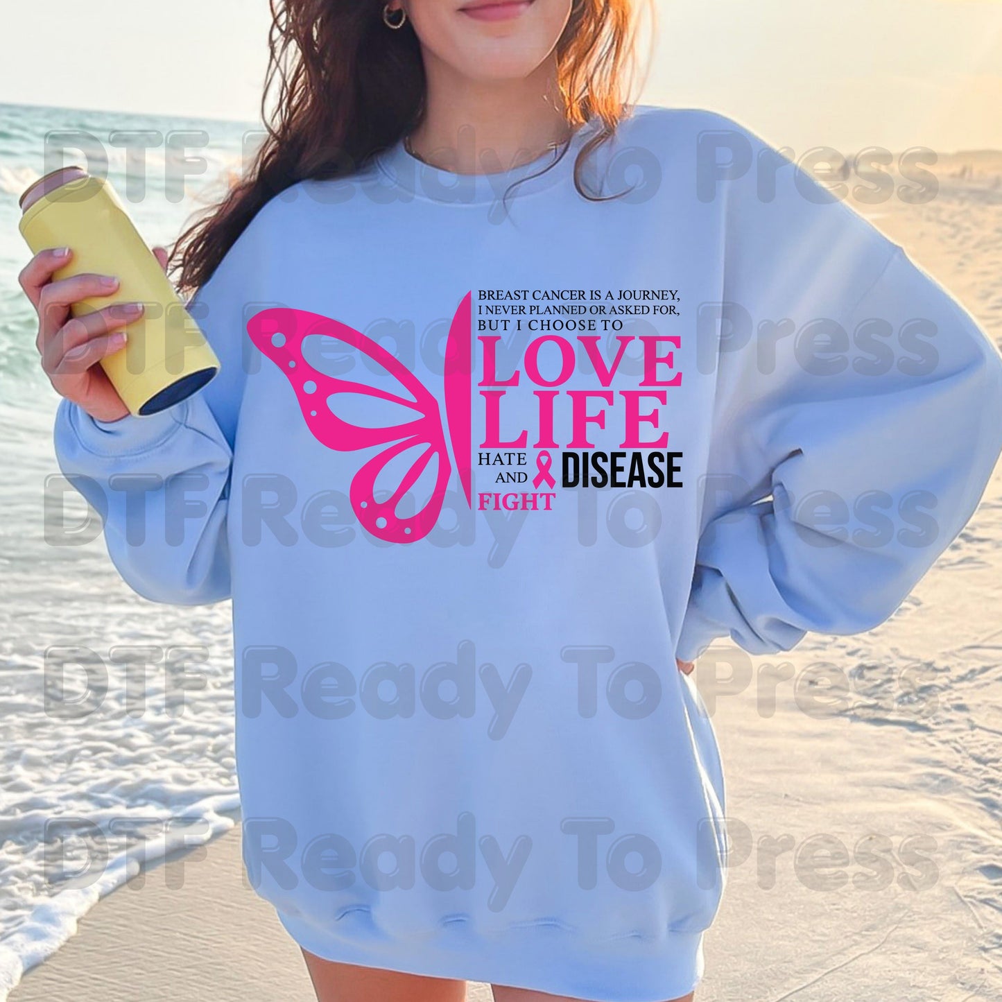 Breast Cancer Love Life Hate Disease Fight DTF Transfer Ready to Press Heat Transfer Pink Butterfly Tee