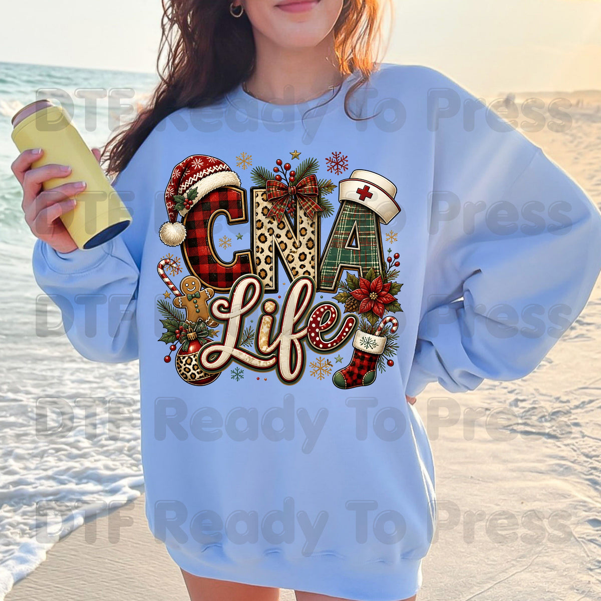 Christmas CNA Life DTF Transfers, Holiday Nurse Hat Plaid Leopard Medical Graphic Ready to Press