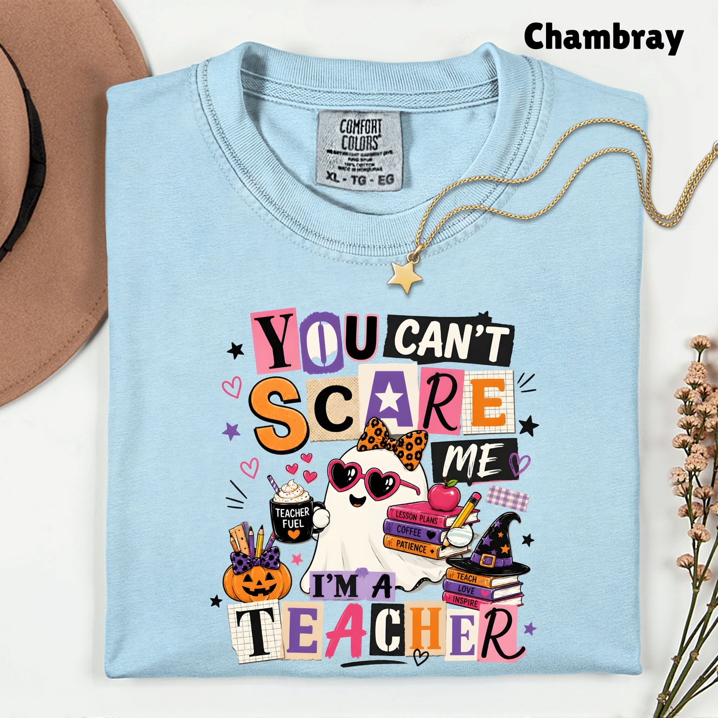You Can't Scare Me Teacher Halloween T-Shirt, Ghost Books Coffee Comfort Color Tee