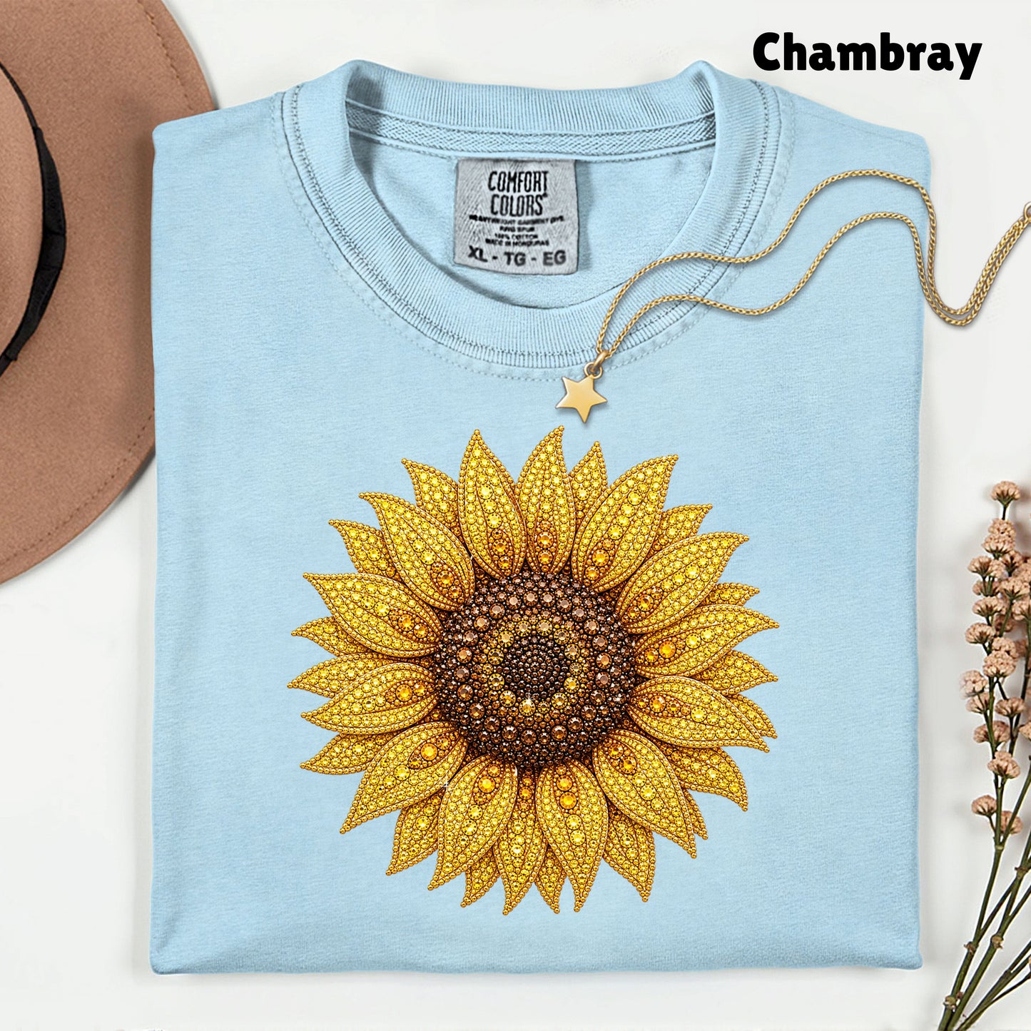 Sunflower Yellow Beaded Floral T-Shirt, Summer Fall Flower Tee