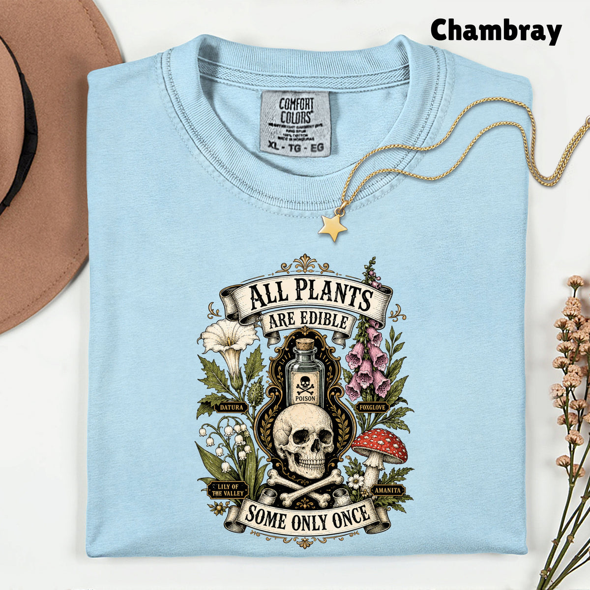Funny Botanical All Plants Are Edible T-Shirt, Poisonous Mushroom Skull Vintage Tee