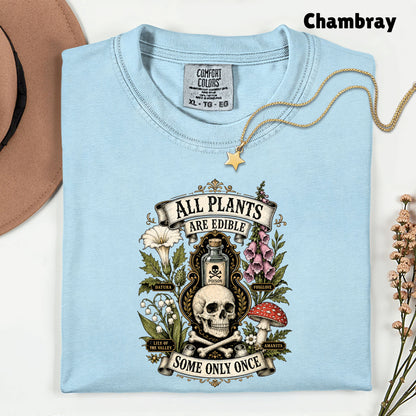 Funny Botanical All Plants Are Edible T-Shirt, Poisonous Mushroom Skull Vintage Tee