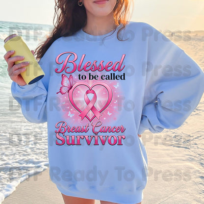 Blessed To Be Called Breast Cancer Survivor DTF Transfer Ready to Press Heat Transfer Pink Ribbon Tee