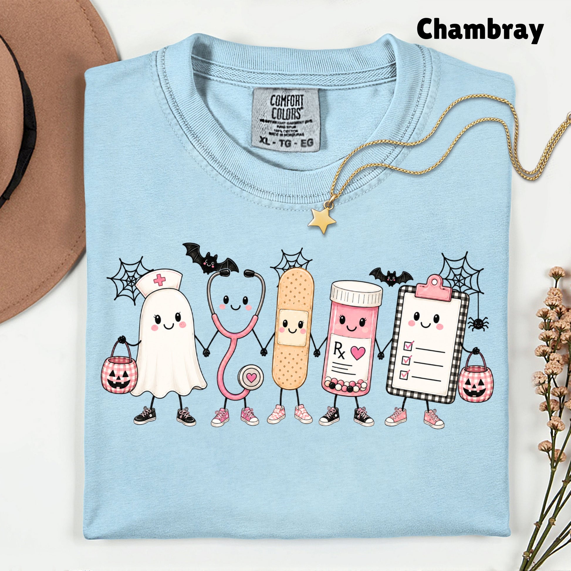 Pink Spooky Nurse Squad Halloween T-Shirt, Ghost Stethoscope Medical Bandage Tee