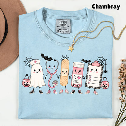 Pink Spooky Nurse Squad Halloween T-Shirt, Ghost Stethoscope Medical Bandage Tee