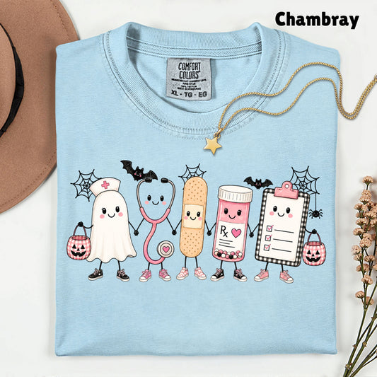 Pink Spooky Nurse Squad Halloween T-Shirt, Ghost Stethoscope Medical Bandage Tee