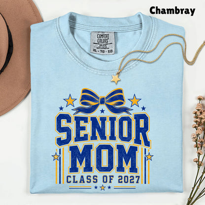 Senior Mom 2027 Royal Blue Yellow Cheer Bow T-Shirt, Varsity Graduation Mother Tee