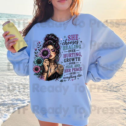Inspirational Healing Woman DTF Transfers, She Chooses Healing Over Hurting Floral Messy Bun Sunflower Motivational Ready to Press