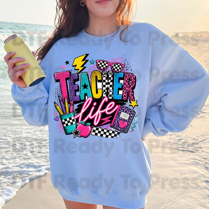 Retro Neon Teacher Life DTF Transfers, Colorful Doodle Graffiti Checkerboard Sunglasses Back to School Ready to Press