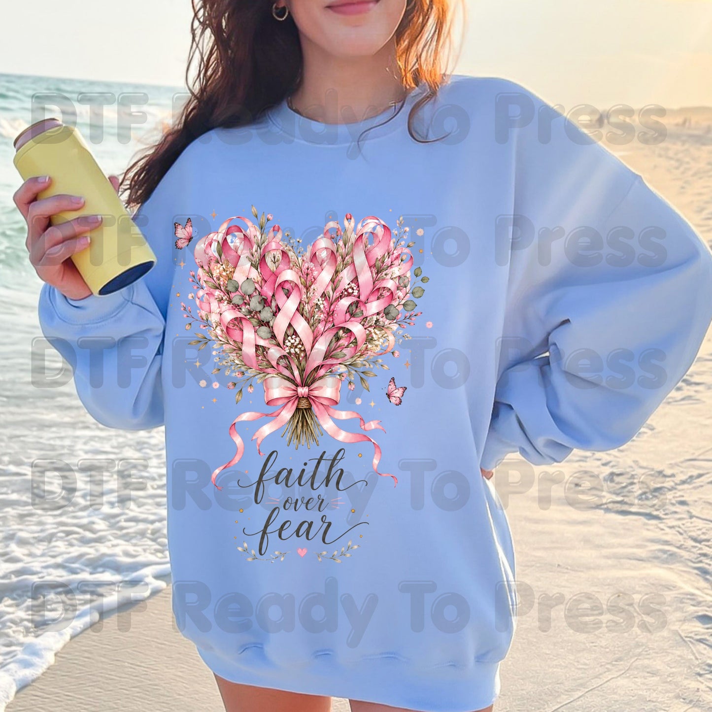 Faith Over Fear Breast Cancer Awareness DTF Transfer Ready to Press Heat Transfer Pink Ribbon Bouquet Tee