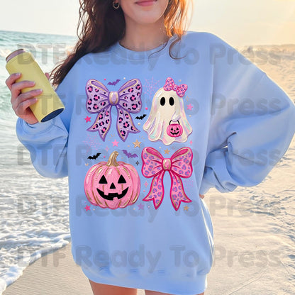 Coquette Halloween Ghost DTF Transfers, Pink Pumpkin Leopard Bow Spooky Cute Ready to Press