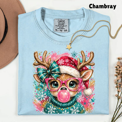Christmas Reindeer Pink Glasses T-Shirt, Bubblegum Deer Santa Hat Cute Comfort Color Tee