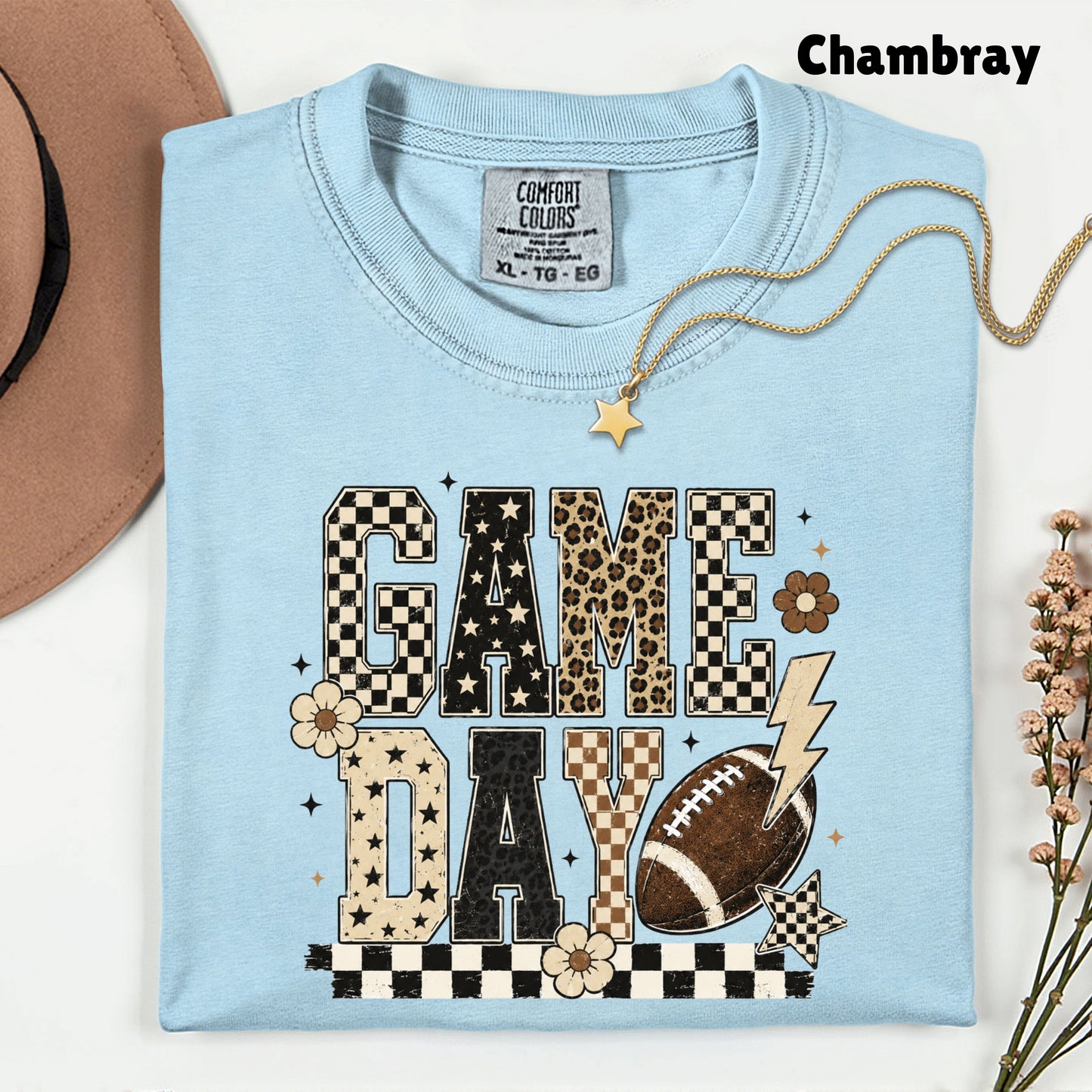 Game Day Leopard Football T-Shirt, Checkered Lightning Bolt Retro Western Tee Sweatshirt