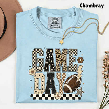 Game Day Leopard Football T-Shirt, Checkered Lightning Bolt Retro Western Tee Sweatshirt
