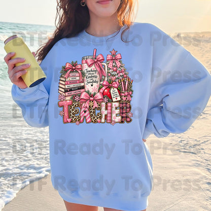 Christmas Pink Teacher Bow DTF Transfers, School Tumbler Leopard Holiday Ready to Press