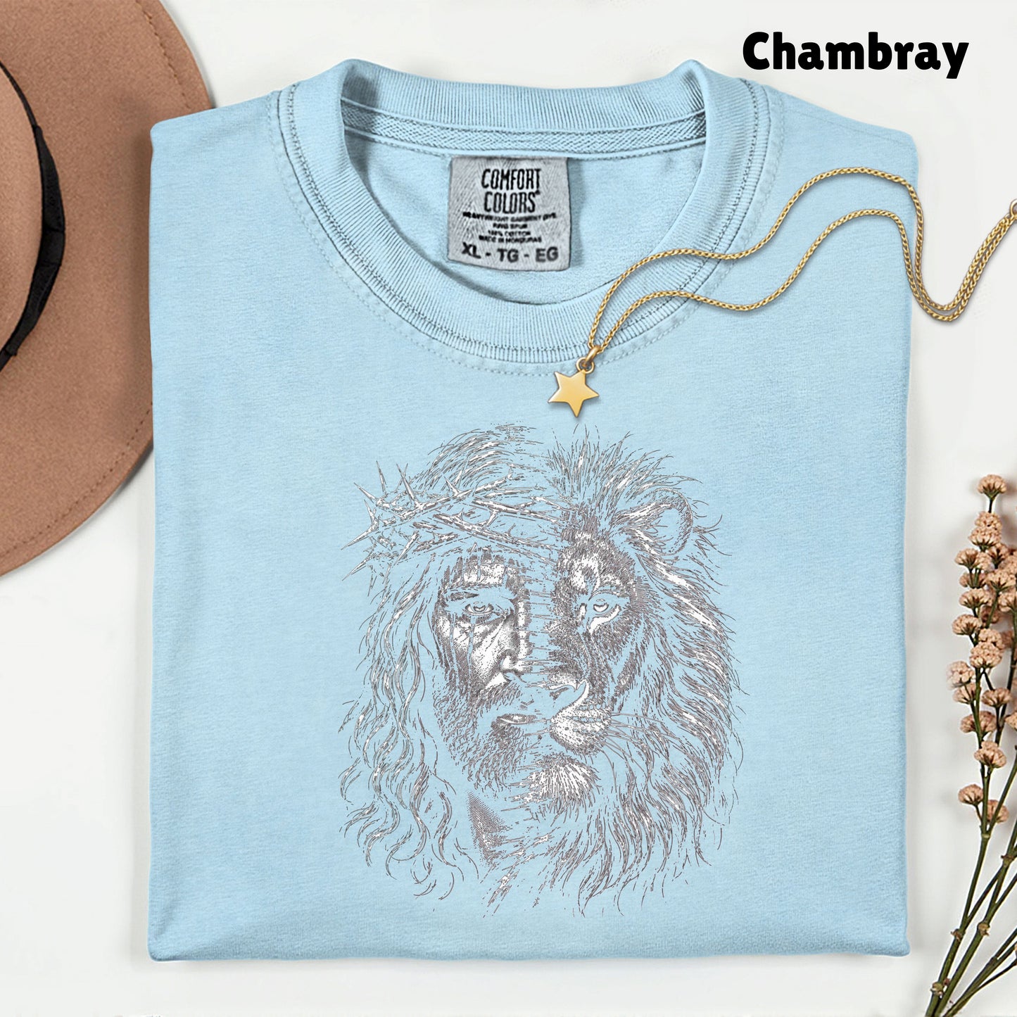 Lion and Jesus Christian Faith T-Shirt, Lion of Judah Crown of Thorns Sketch Tee