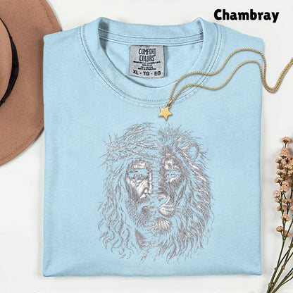 Lion and Jesus Christian Faith T-Shirt, Lion of Judah Crown of Thorns Sketch Tee