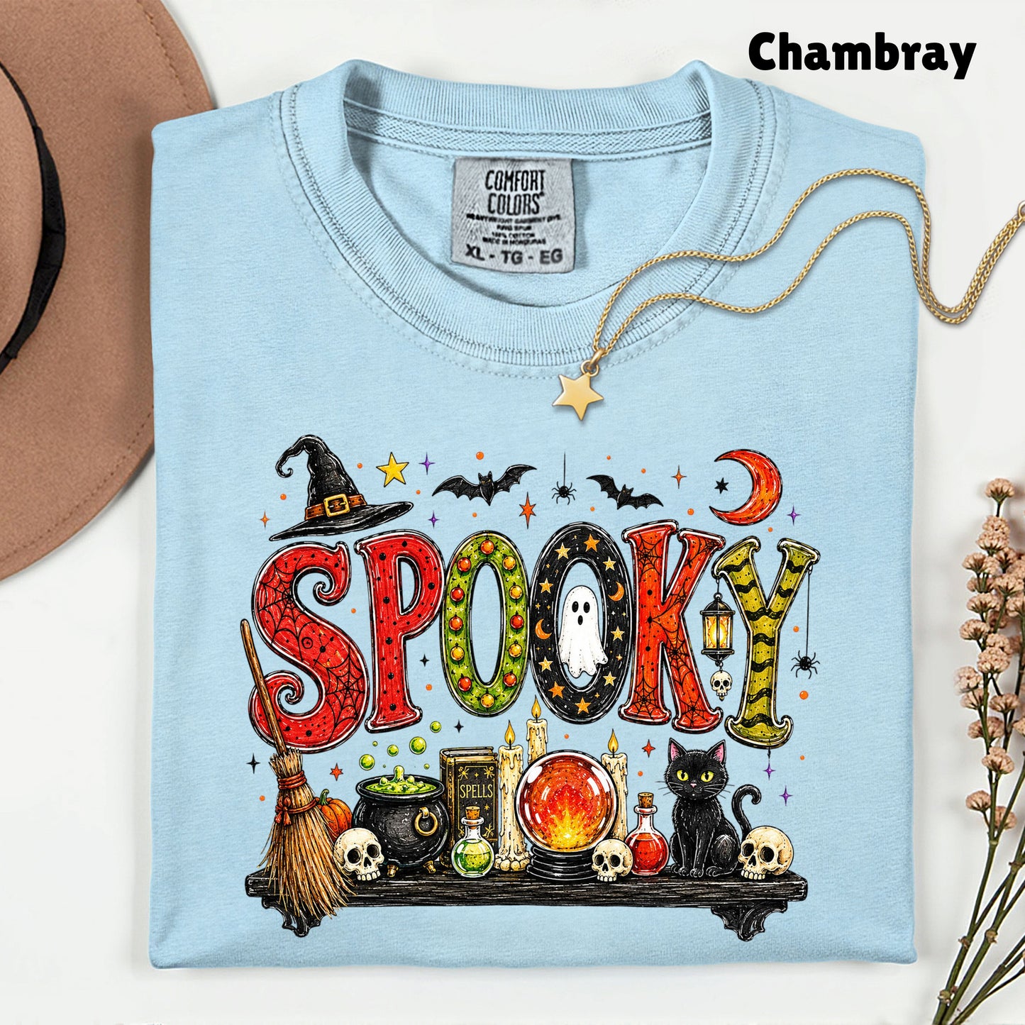 Halloween Witch Shelf Black Cat T-Shirt, Crystal Ball Cauldron Potion Skull Spooky Tee