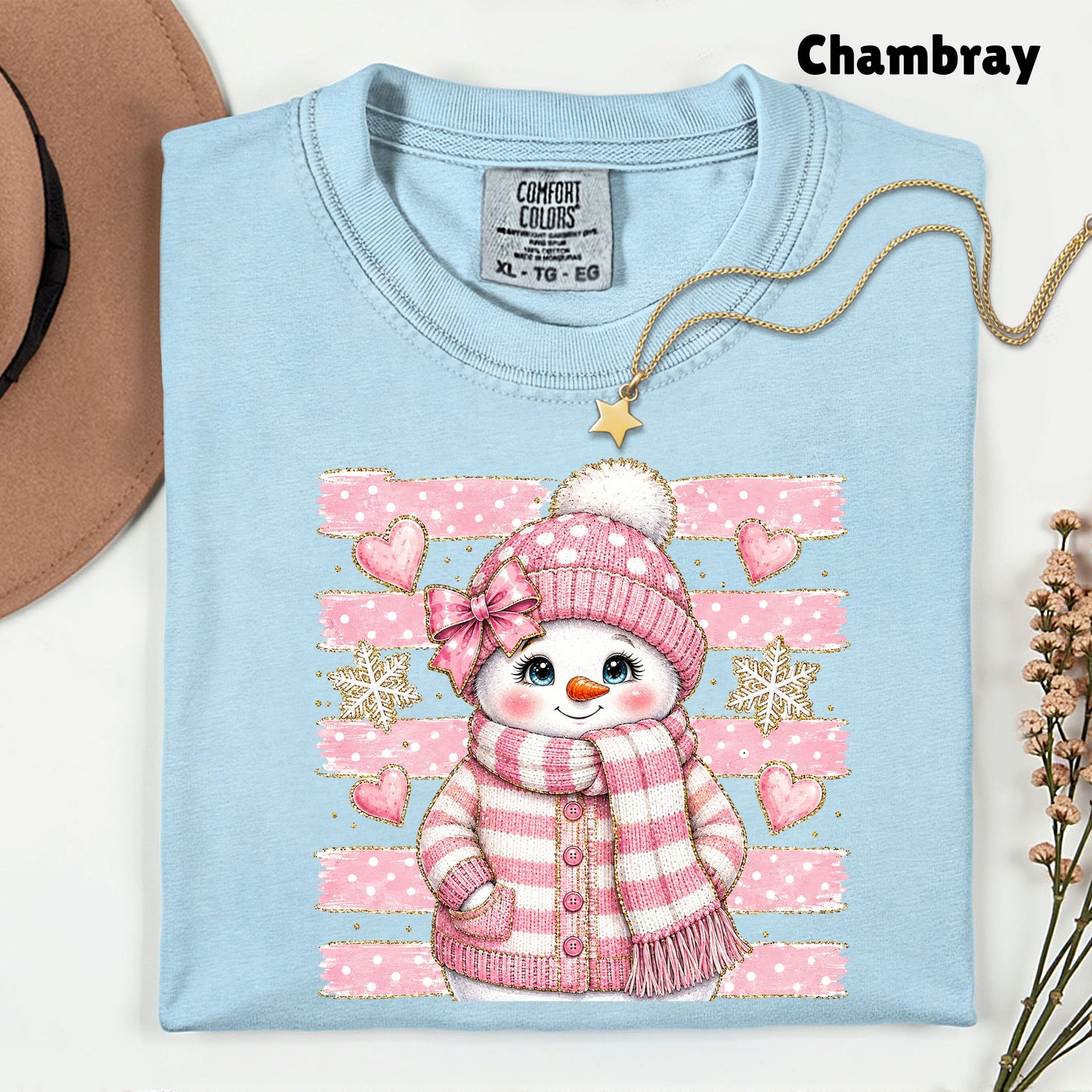 Cute Pink Snowgirl Winter T-Shirt, Snowman Beanie Bow Pink Stripes Hearts Tee