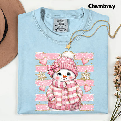 Cute Pink Snowgirl Winter T-Shirt, Snowman Beanie Bow Pink Stripes Hearts Tee