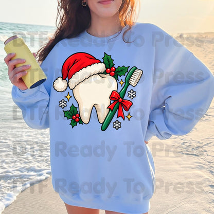 Christmas Tooth Santa Hat DTF Transfers, Dental Holiday Toothbrush Dentist Graphic Ready to Press