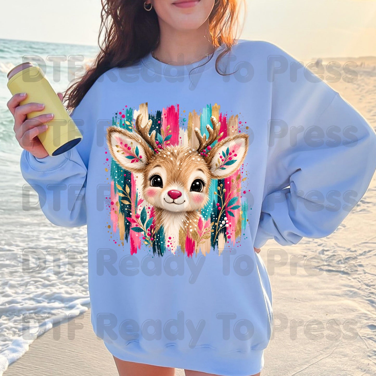 Cute Christmas Reindeer DTF Transfers, Colorful Floral Antlers Pink Teal Gold Holiday Ready to Press.