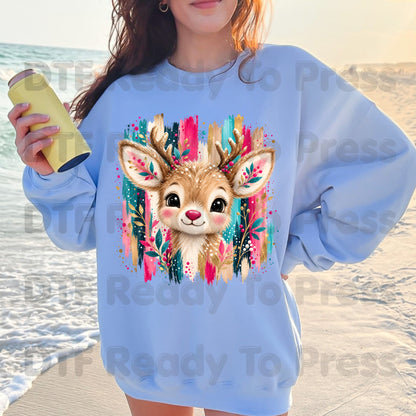 Cute Christmas Reindeer DTF Transfers, Colorful Floral Antlers Pink Teal Gold Holiday Ready to Press.