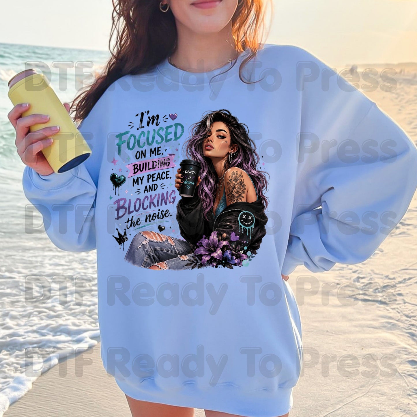 I'm Focused on Me DTF Transfers, Sassy Girl Coffee Mind My Peace Quote Purple Vibe Ready to Press