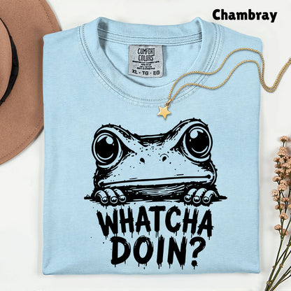 Whatcha Doin Frog Funny Peeking T-Shirt, Black White Cute Frog Tee