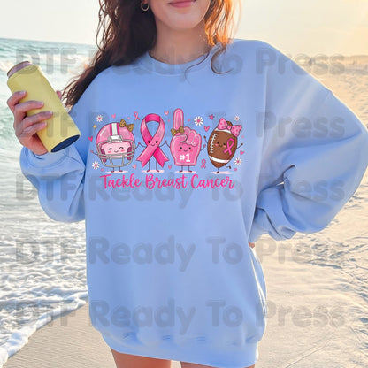 Tackle Breast Cancer Awareness DTF Transfer Ready to Press Heat Transfer Football Ribbon Tee