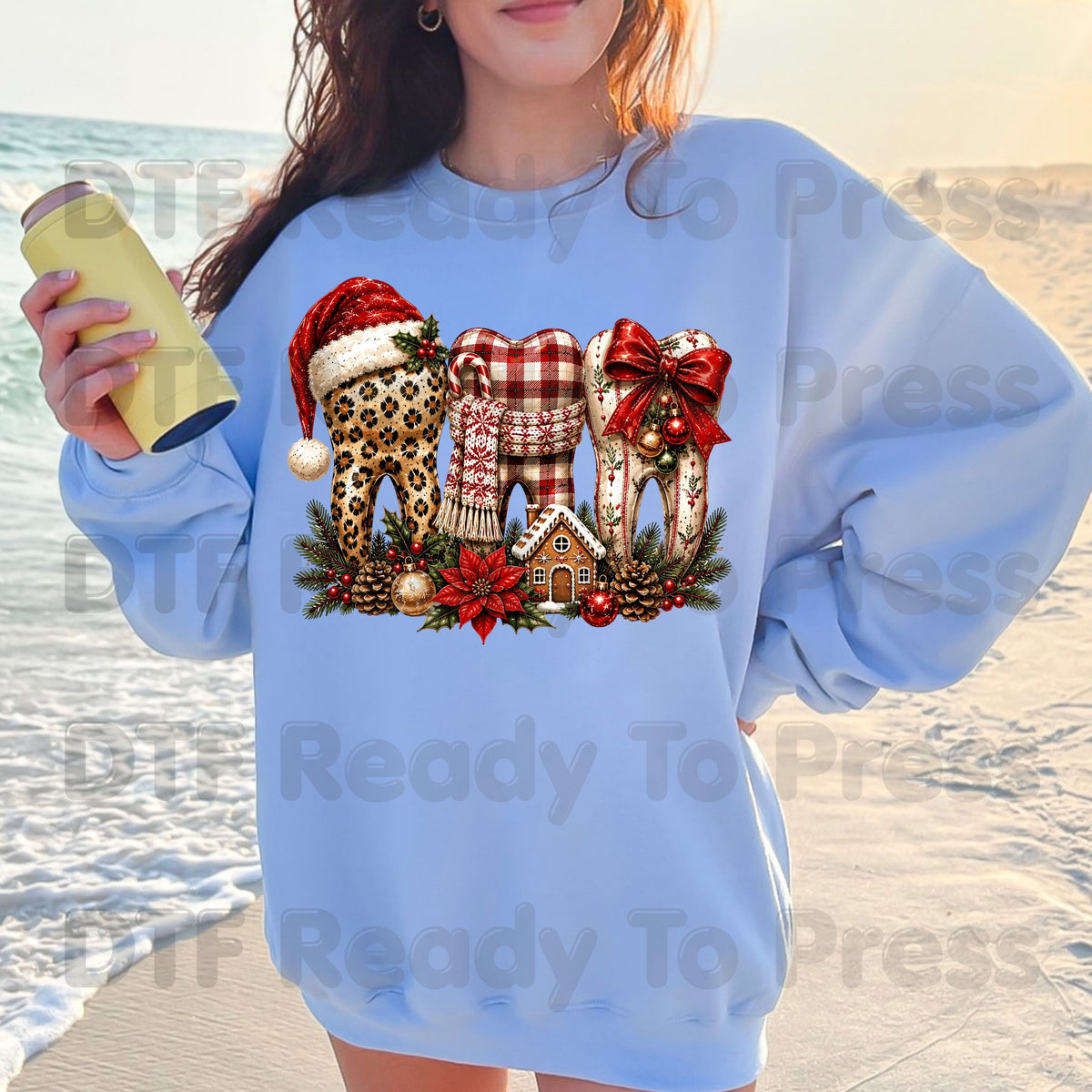 Christmas Dental Teeth DTF Transfers, Dentist Holiday Leopard Plaid Bow Ready to Press