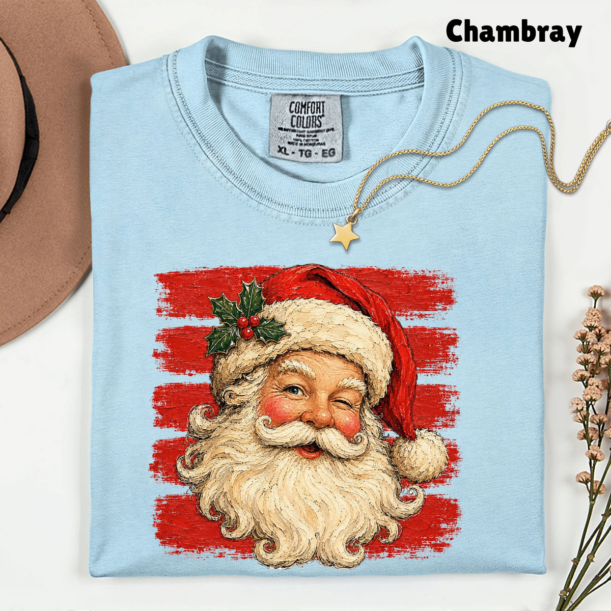 Vintage Winking Santa Christmas T-Shirt, Retro Red Stripes Nostalgic Holiday Comfort Color Tee