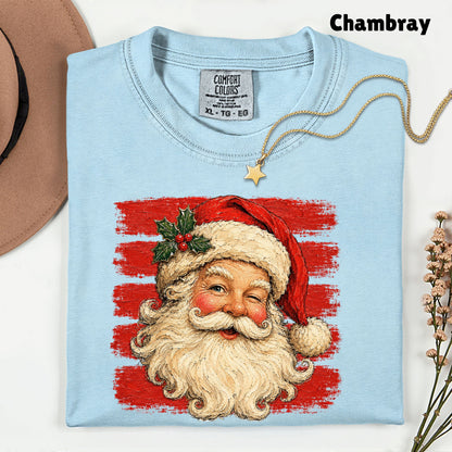 Vintage Winking Santa Christmas T-Shirt, Retro Red Stripes Nostalgic Holiday Comfort Color Tee