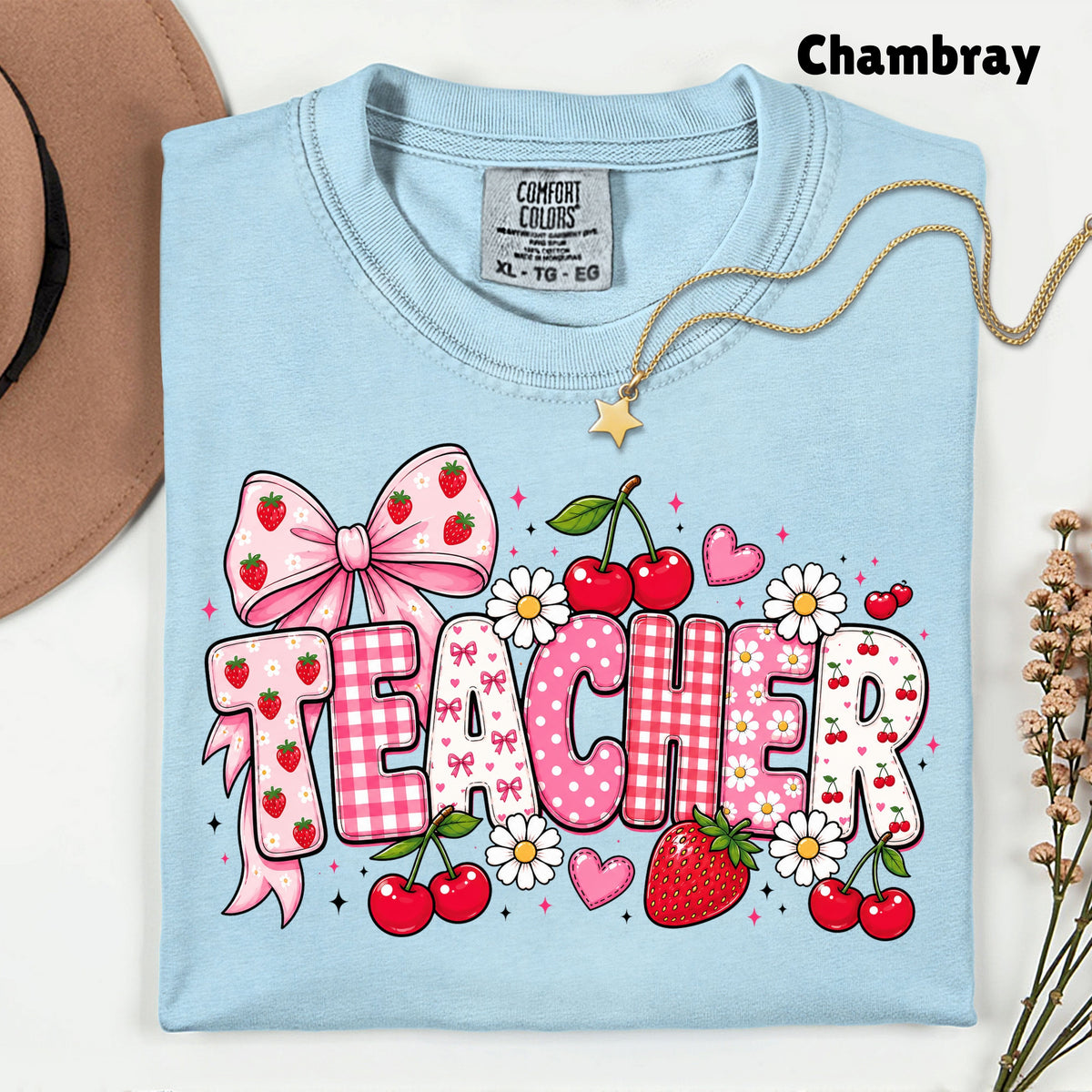 Teacher Coquette Pink T-Shirt, Strawberries Cherries Bow School Educator Tee