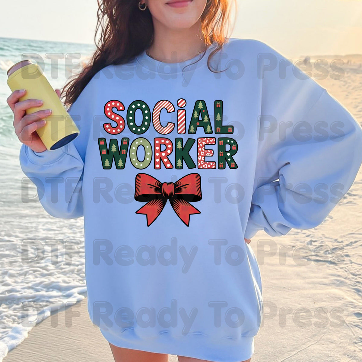 Christmas Social Worker DTF Transfers, Holiday Social Work Red Bow Pattern Ready to Press
