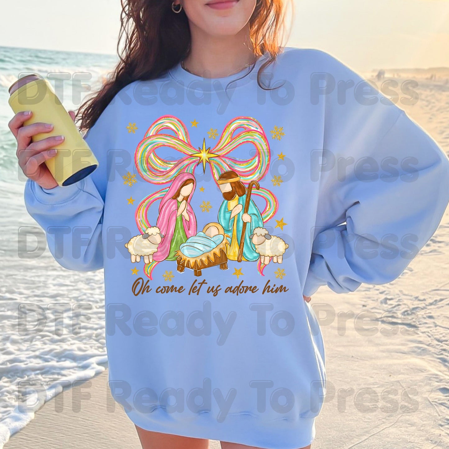 Christian Nativity Oh Come Let Us Adore Him DTF Transfer Ready to Press Nativity Scene Heat Transfer For Shirts Colorful Christmas Bow Christian Jesus Print