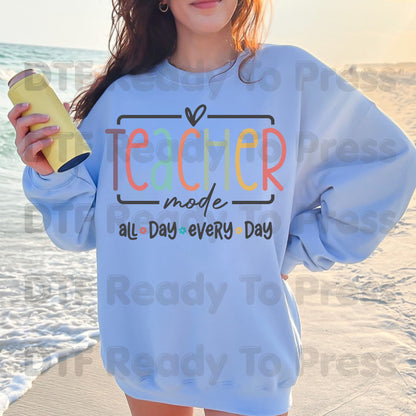 Teacher Mode All Day DTF Transfers, Pastel Rainbow School Teacher Education Ready to Press