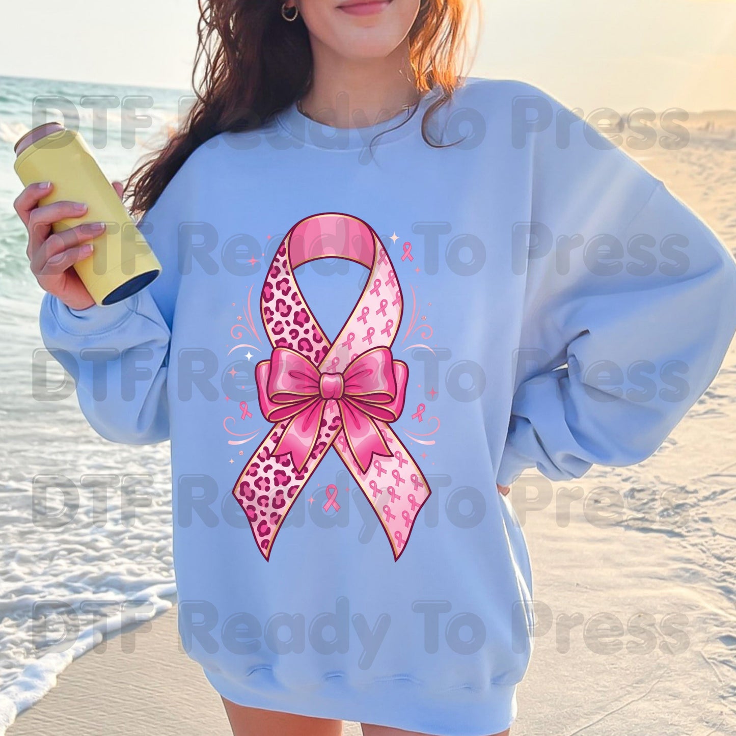 Leopard Pink Ribbon Bow Breast Cancer Awareness DTF Transfer Ready to Press Heat Transfer Tee