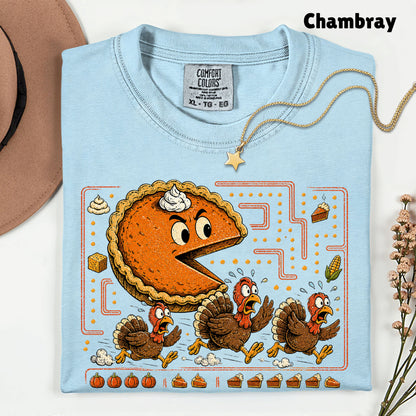 Funny Thanksgiving Pacman Pumpkin Pie T-Shirt, Chasing Turkeys Maze Video Game Tee