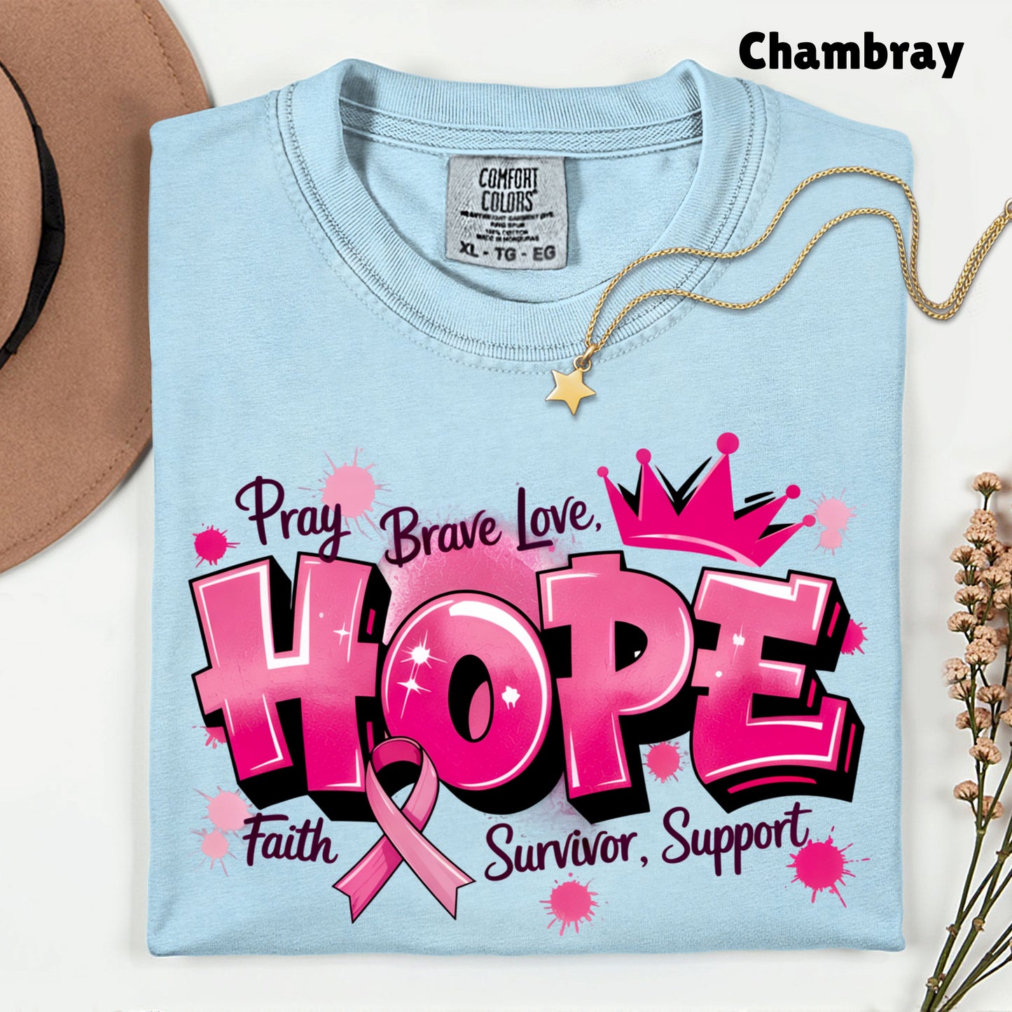 Breast Cancer Hope Pink Ribbon T-Shirt, Survivor Awareness Support Comfort Color Tee