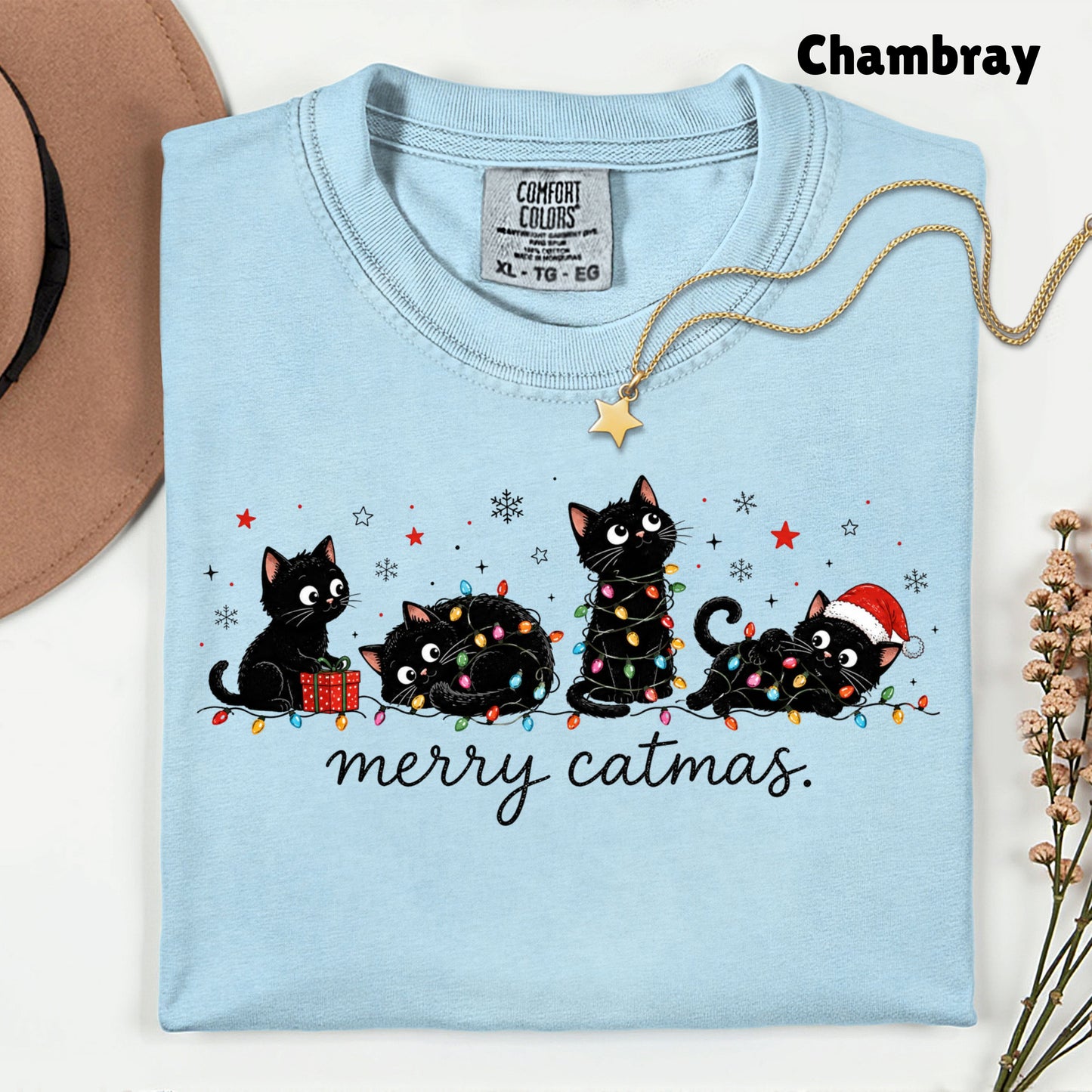 Merry Catmas Black Cats Christmas T-Shirt, Christmas Lights Black Kittens Cat Lover Tee